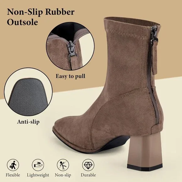 Women's Square Toe Ankle Chestnut Boot Faux Suede Low Brown Heel Chelsea Shoes - Picture 6 of 9